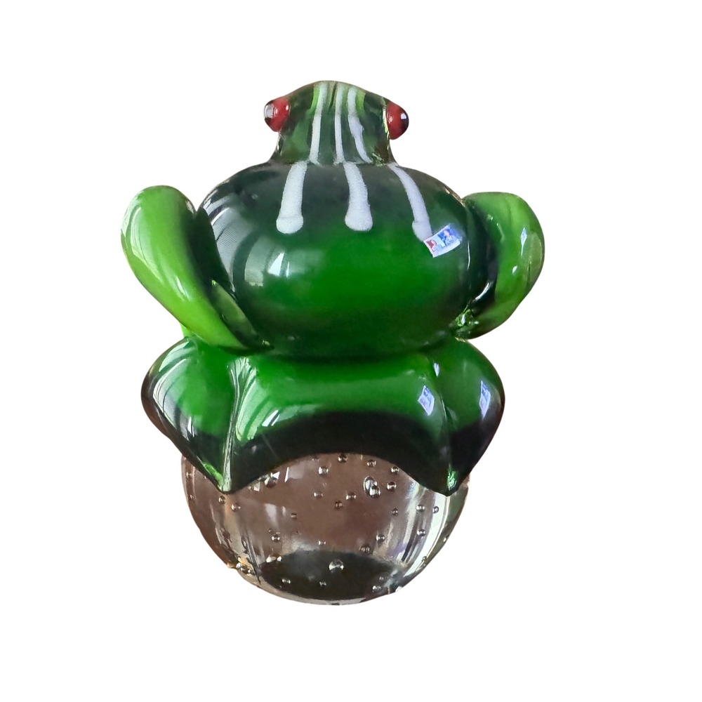 VTG Art Glass Frog on Lily Pad Figurine Clear Bubble Base Green Red Eyes 5.5"